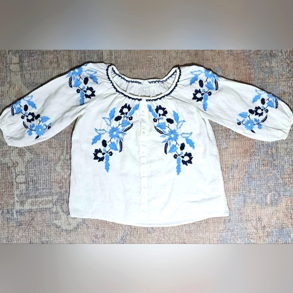 Charter Club Linen Embroidered Beaded Peasant‎ Top Small Bohemian Blue Floral